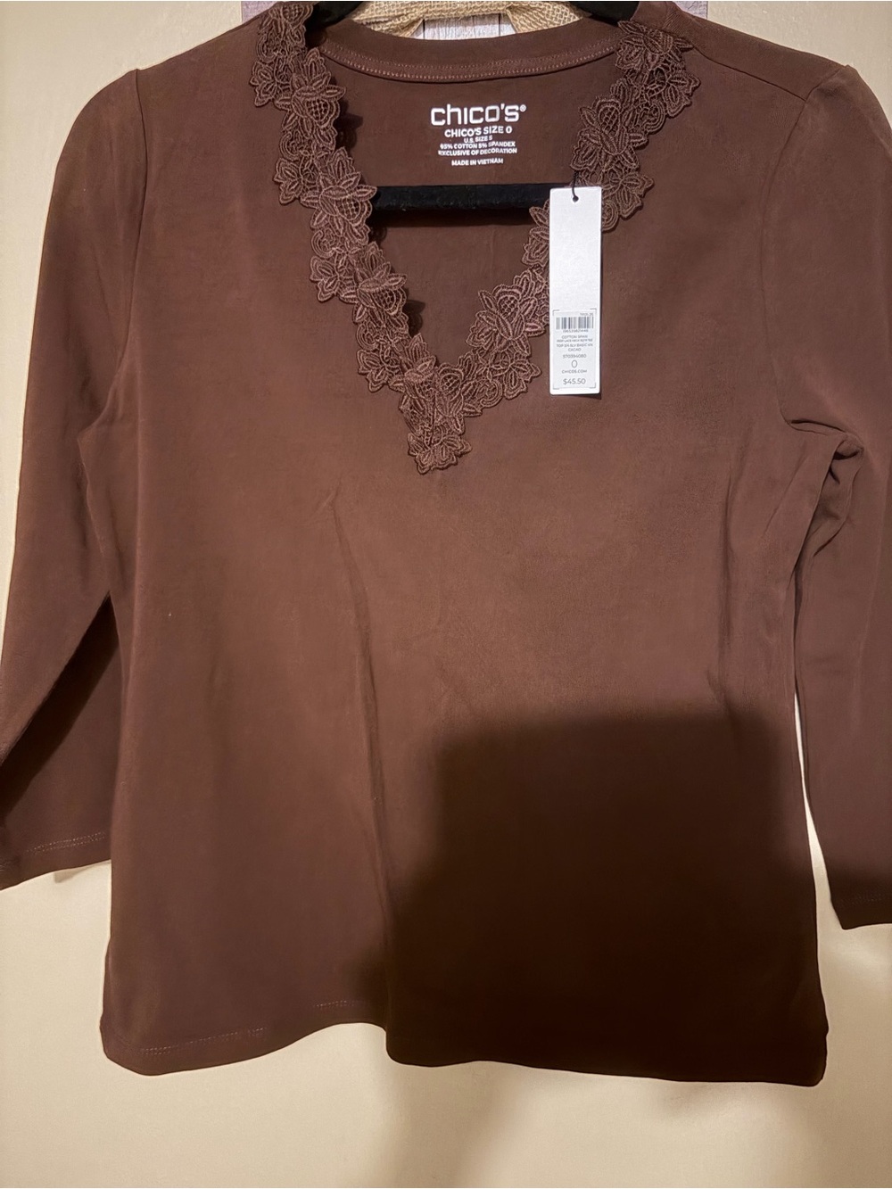 Chico's Brown Long-Sleeve V-Neck Top with Floral Lace Trim